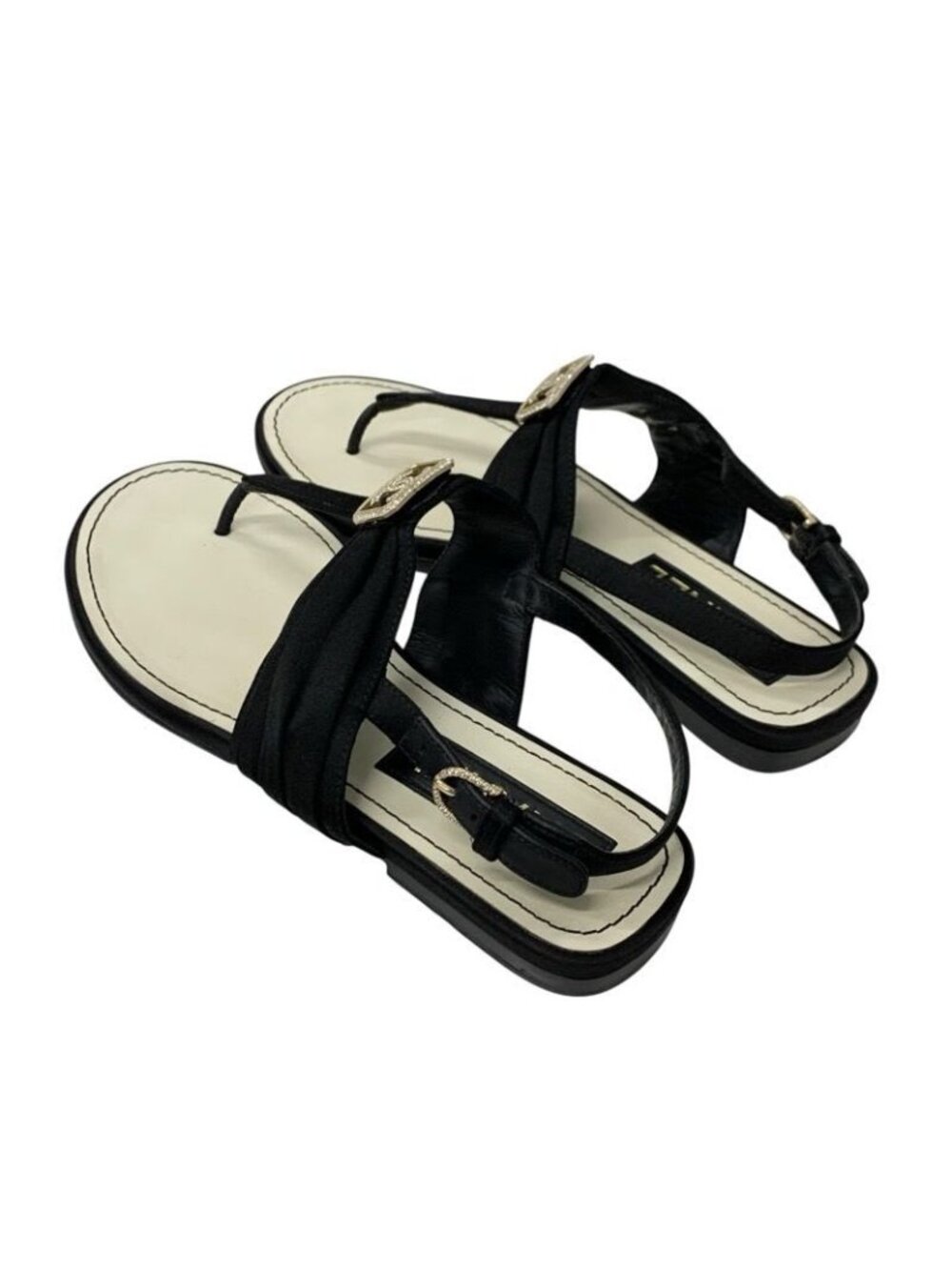 Chanel Sandals Shoes Satin Black Gold Coco Mark Rhinestone Thong Flat - Picture 4 of 10